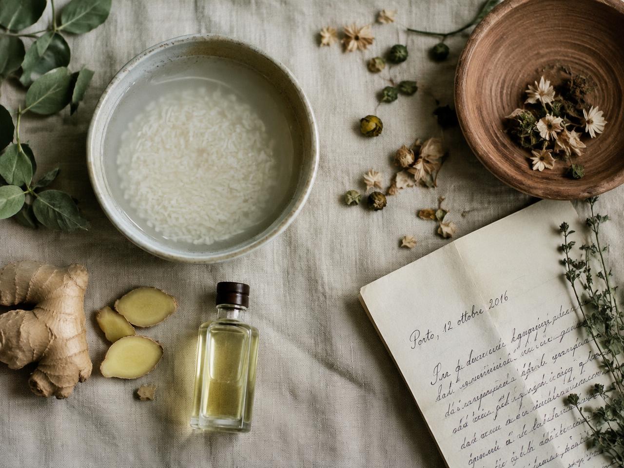 Rice water, fresh ginger, a small oil bottle and dried botanicals laid on linen